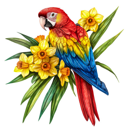 Colorful parrot with yellow flowers and green leaves fabric panel