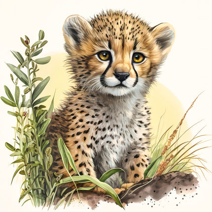 Illustration of a cheetah cub surrounded by plants fabric panel