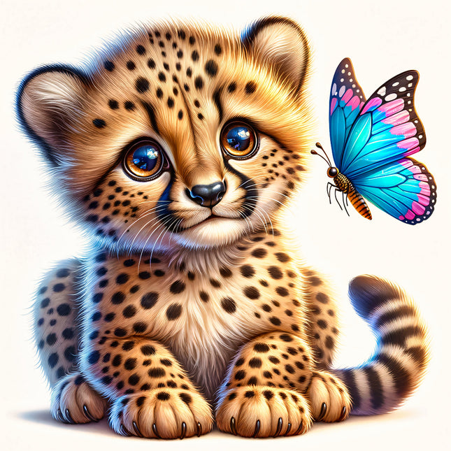 Illustration of a cheetah cub with a butterfly quilt block