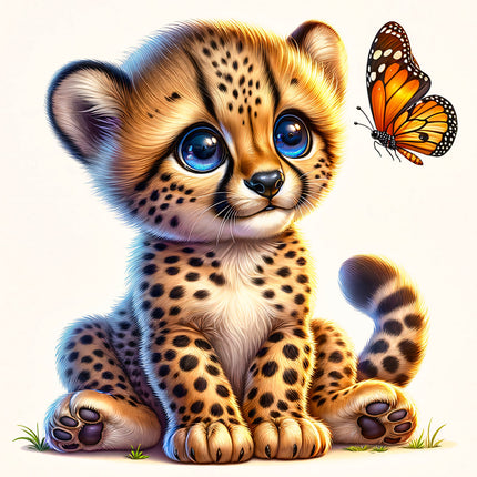 cheetah cub with a butterfly fabric panel