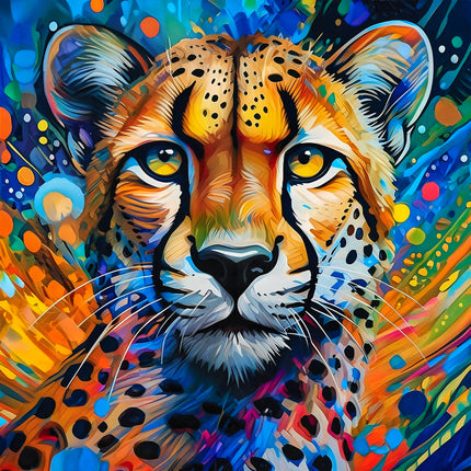 Colorful abstract painting of a leopard's face fabric panel