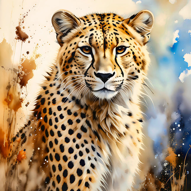 Leopard with a stylized, artistic background fabric panel