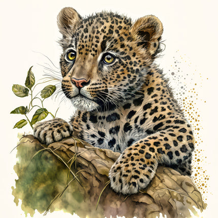 leopard cub sitting on a rock with leaves fabric panel