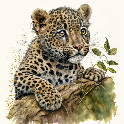 leopard cub sitting on a branch fabric panel block
