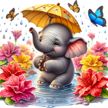 baby elephant holding an umbrella among colorful flowers and butterflies fabric panel
