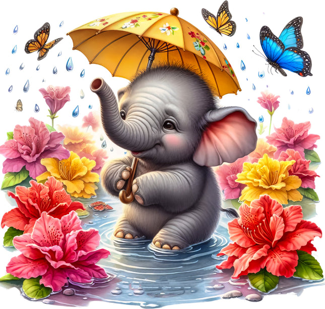 baby elephant holding an umbrella among colorful flowers and butterflies fabric panel