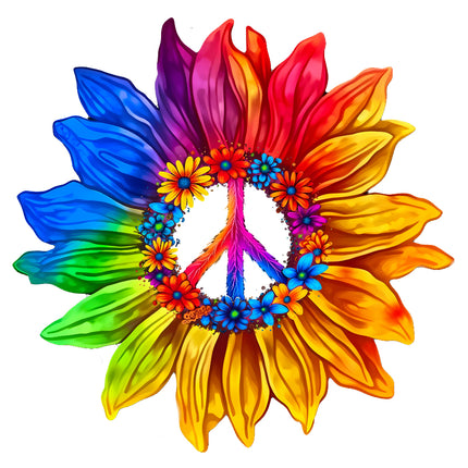 Colorful peace symbol with sunflower petals fabric panel