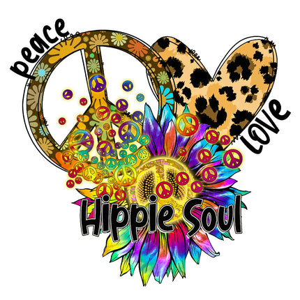 Colorful design with peace signs, hearts, and 'Hippie Soul' fabric panel
