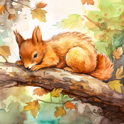 squirrel on a log with autumn leaves fabric panel