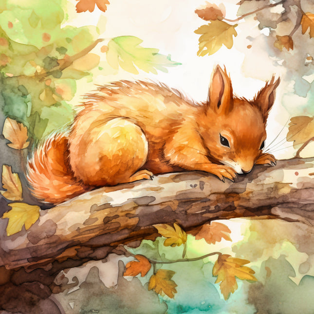 fabric panel block of a squirrel on a branch with autumn leaves