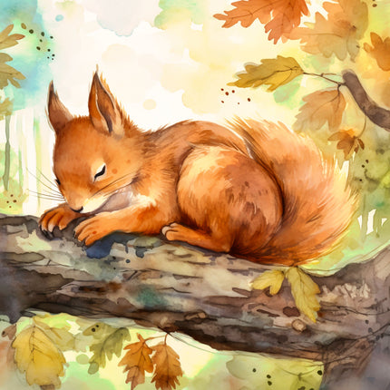 Illustration of a squirrel on a branch with autumn leaves fabric panel