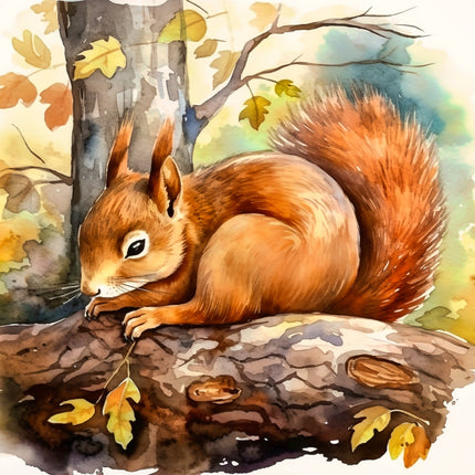 Illustration of a squirrel on a log with autumn leaves in the background fabric panel