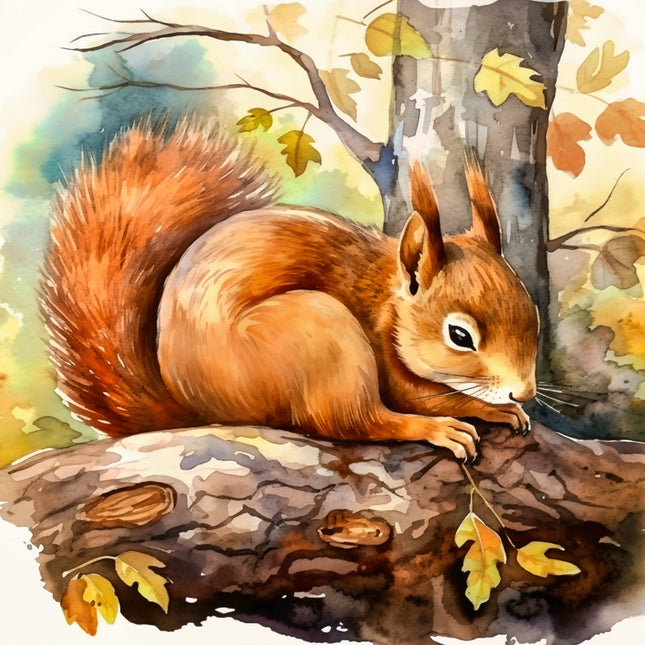 fabric panel block of a squirrel on a log with autumn leaves in the background