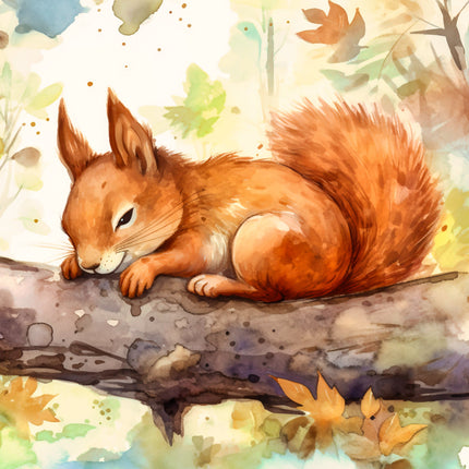 squirrel on a branch with a colorful autumn background fabric panel