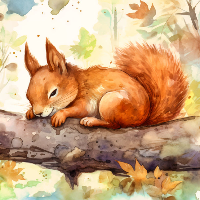 squirrel on a branch with a colorful autumn background fabric panel