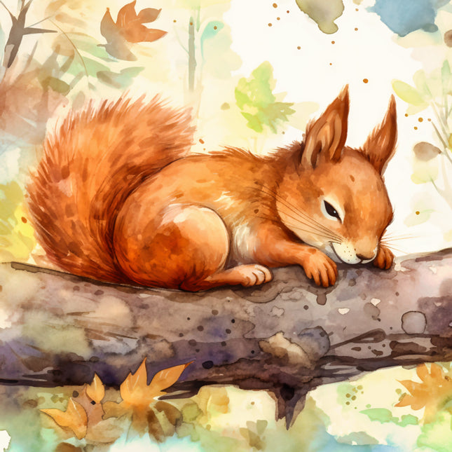fabric panel block of a squirrel on a branch with a colorful, watercolor-style background.