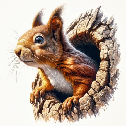 Squirrel peeking out from a tree fabric panel block