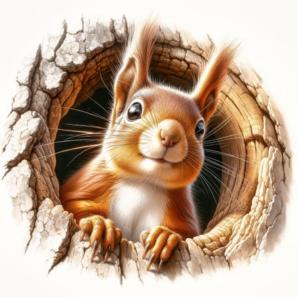 Squirrel peeking out from a wooden hole quilt panel