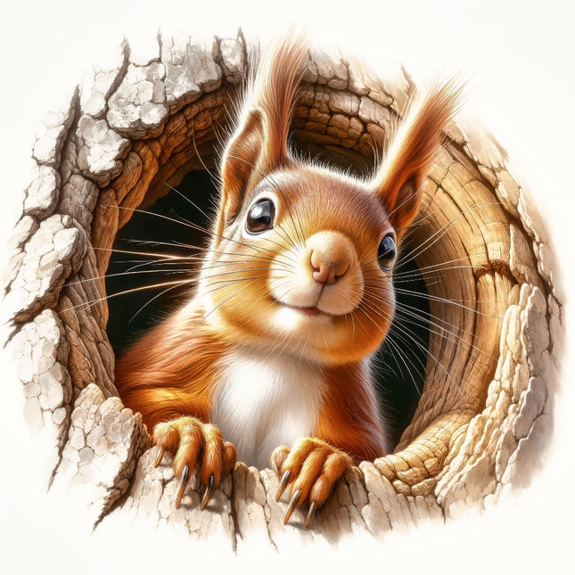 Squirrel peeking out from a wooden hole quilt panel