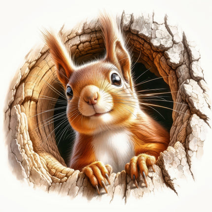 Squirrel peeking out from a wooden hole fabric panel block