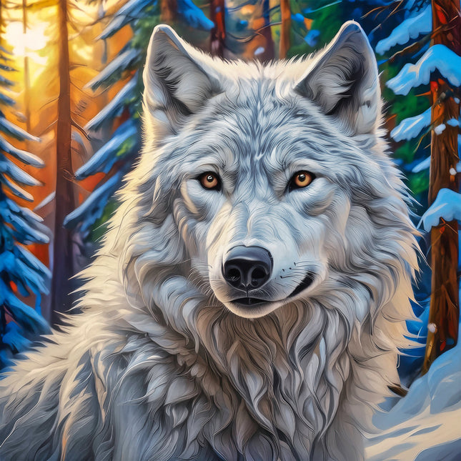 Wolf in a snowy forest with colorful trees fabric panel