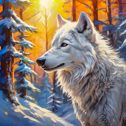 White wolf in a snowy forest with a warm sunset in the background quilt panel