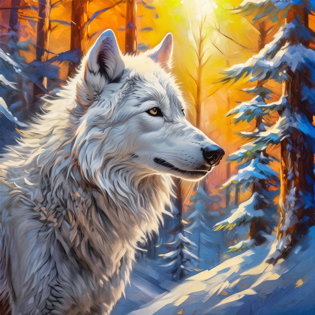 Wolf in a snowy forest with a warm sunset in the background fabric panel block