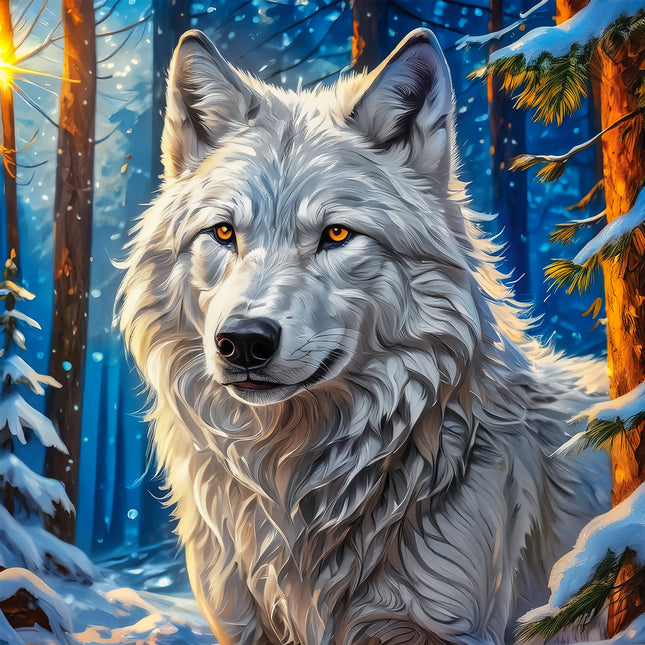 White wolf in a snowy forest with a warm glow fabric panel