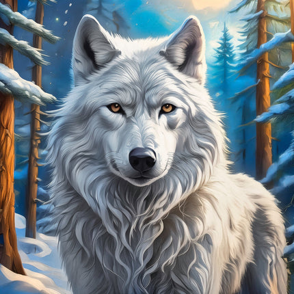 White wolf in a snowy forest fabric panel