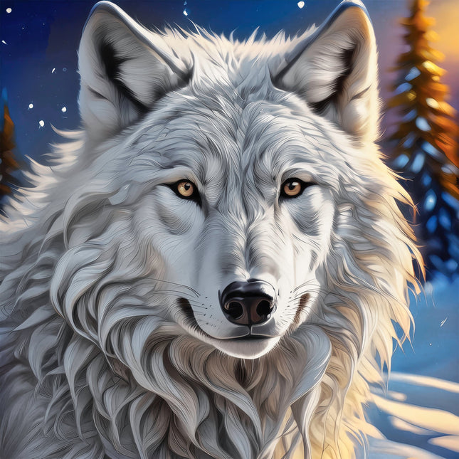 Close-up of a white wolf with a snowy forest background fabric panel