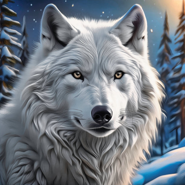 White wolf with yellow eyes in a snowy forest fabric panel