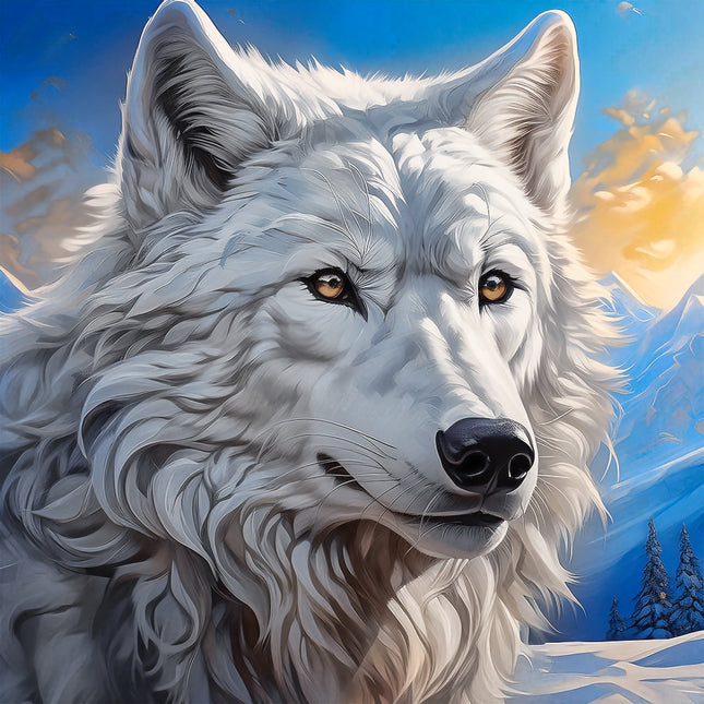 White wolf with a snowy landscape fabric panel
