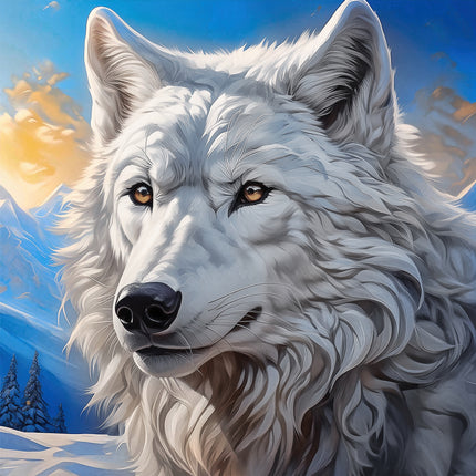 White wolf with a snowy landscape fabric panel block