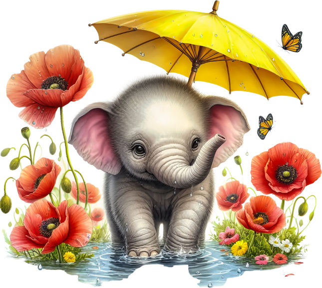 Elephant With Umbrella 100% Cotton Fabric Panel Block T73