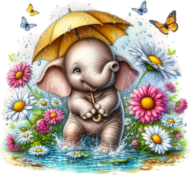 Illustration of a baby elephant holding an umbrella quilt panel