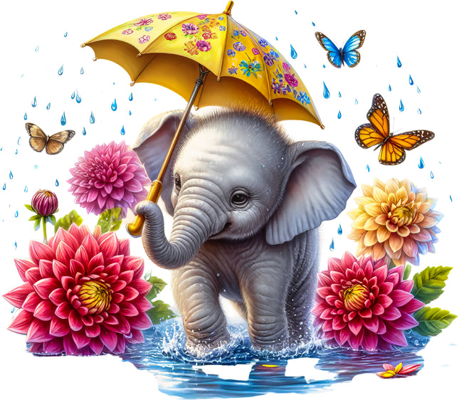 Elephant With Umbrella 100% Cotton Fabric Panel Block T75