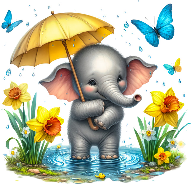 Elephant With Umbrella 100% Cotton Fabric Panel Block T76