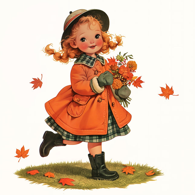 Vintage Look Girl on Autumn Day 100% Cotton Fabric Panel Block T806