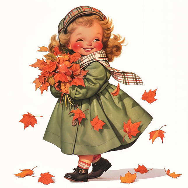 girl in an autumn setting with leaves and a green coat fabric panel