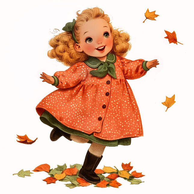 Vintage-style illustration of a girl in an orange dress with autumn leaves fabric panel