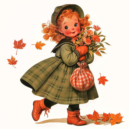 fabric panel of a girl in an autumn setting with leaves and flowers.