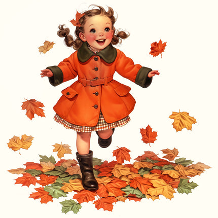 Vintage Look - Girl on Autumn Day 100% Cotton Fabric Panel Block T814