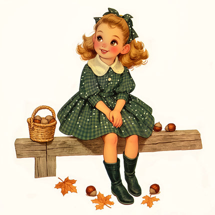 Vintage Look - Girl on Autumn Day 100% Cotton Fabric Panel Block T815
