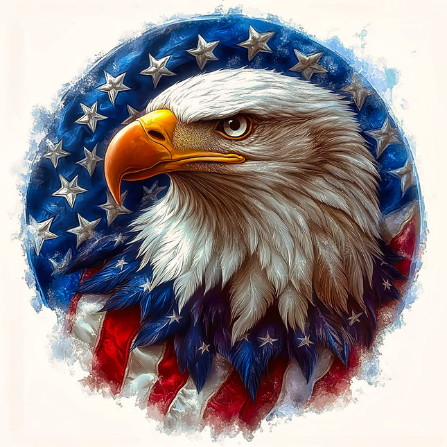 Bald eagle with American flag design in the background