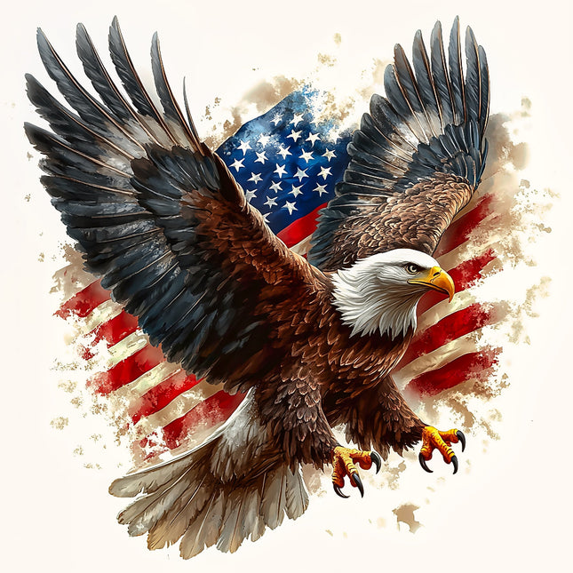 Eagle with outstretched wings in front of an American flag fabric panel