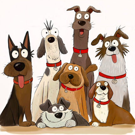 Illustration of seven cartoon dogs with various expressions and colors on a white background