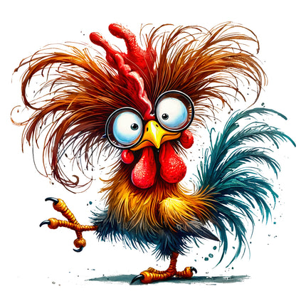 Colorful cartoon rooster with a surprised expression quilt block