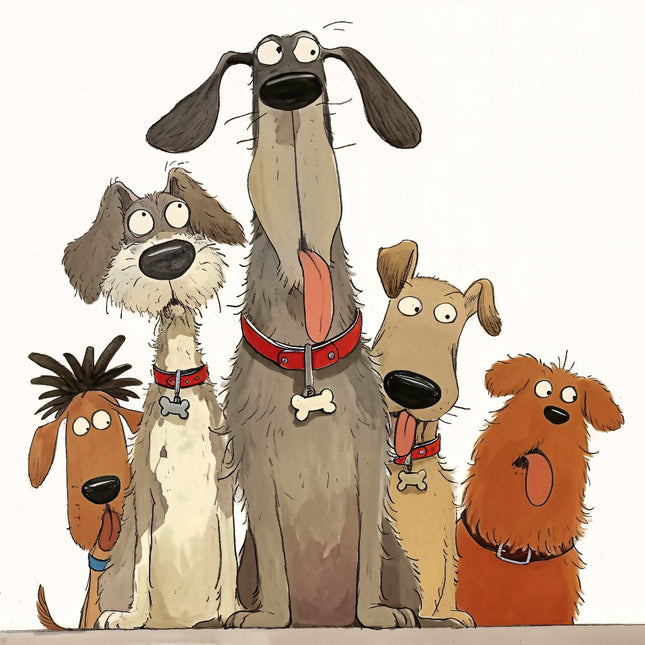 five cartoon dogs fabric panel