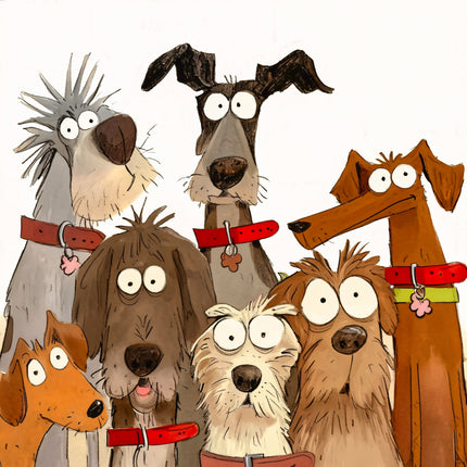Illustration of six cartoon dogs fabric panel