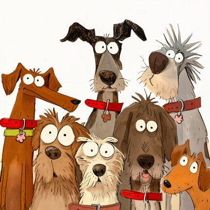 cartoon dogs with various breeds and colors, wearing red collars quilt panel